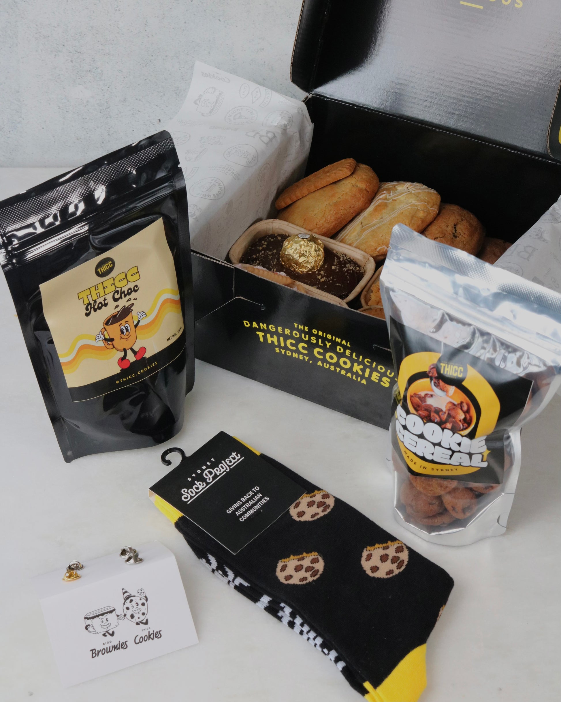 Value Bundle (GOAT, Socks, THICC Hot Choc, Cookie Cereal, Pin Set)- BIGG Brownies & THICC Cookies - New York Style Cookies